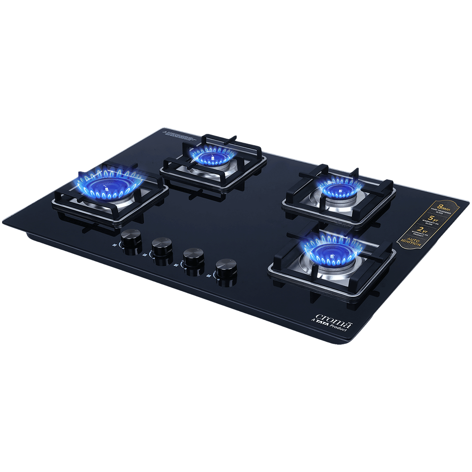 Croma Toughened Glass Top 4 Burner Automatic Hob (Double Drip Tray, Black)