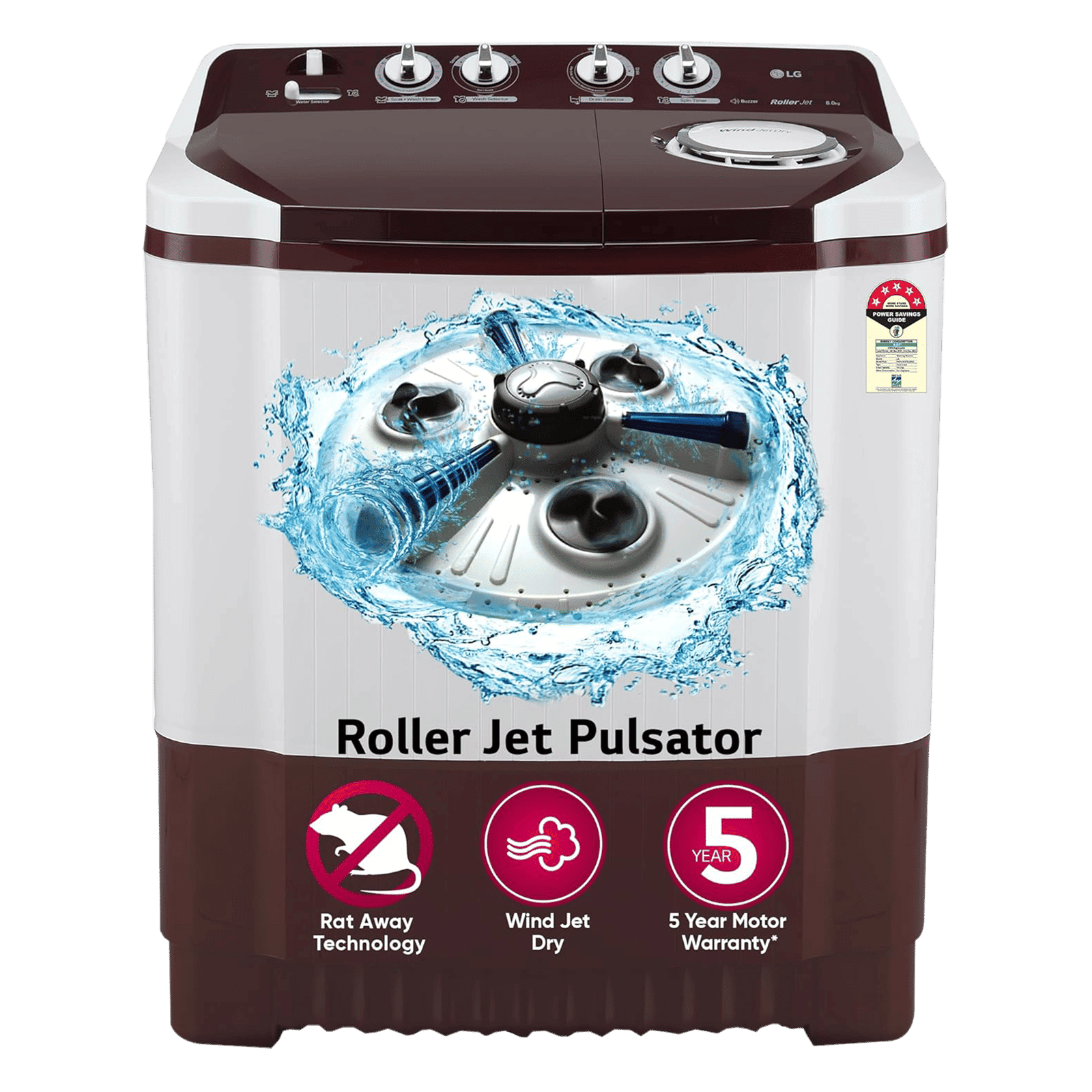 LG 8 kg 5 Star Semi Automatic Washing Machine with Lint Filter (P8030SRAZ.ABGQEIL, Burgundy)