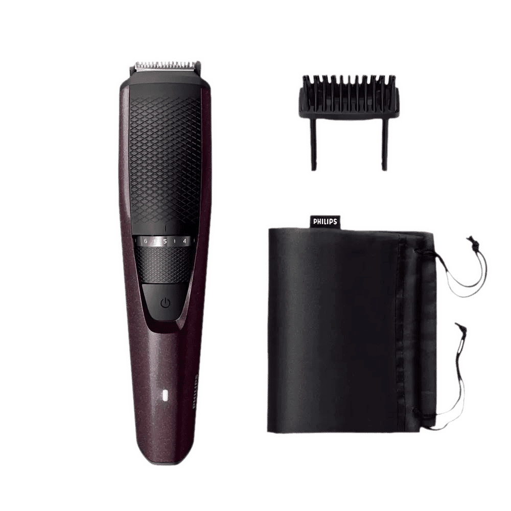 PHILIPS 3000 Series Rechargeable Cordless Wet & Dry Trimmer for Beard & Moustache with 20 Length Settings for Men (60min Runtime, LED Charge Indicator, Wine)