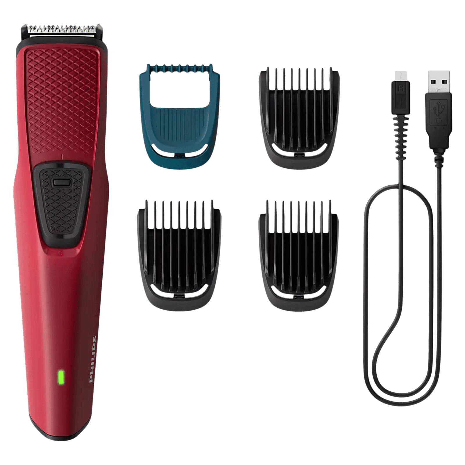 PHILIPS Series 1000 Rechargeable Cordless Dry Trimmer for Beard & Moustache with 4 Length Settings for Men (60min Runtime, DataPower Technology, Red)