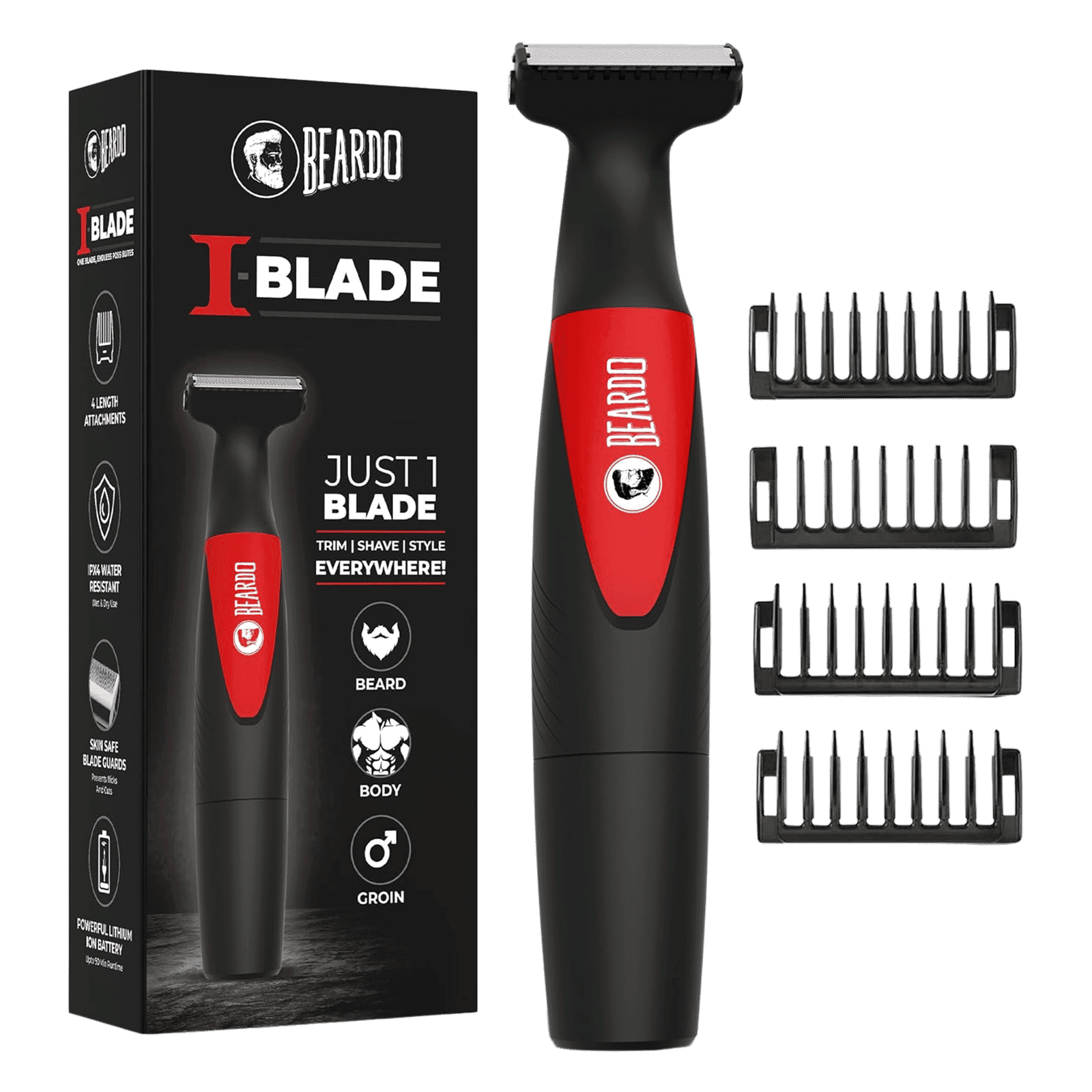 BEARDO I-Blade Rechargeable Cordless Wet & Dry Trimmer for Beard, Body, Hair & Intimate Areas with 4 Length Settings for Men (120 mins Runtime, Fast Charging, Black)