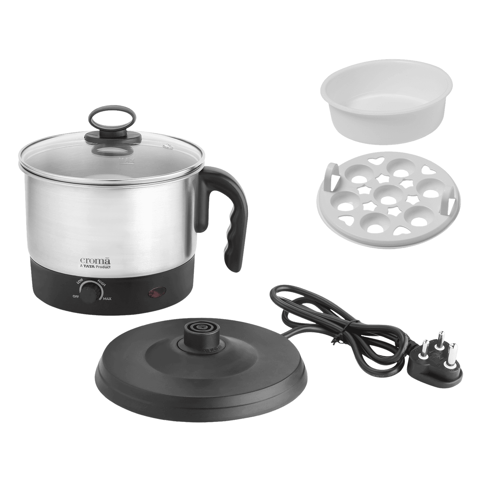 Croma 600 Watt 1.3 Litre Multi Cook Kettle with Auto Shut-off (Black and Silver)