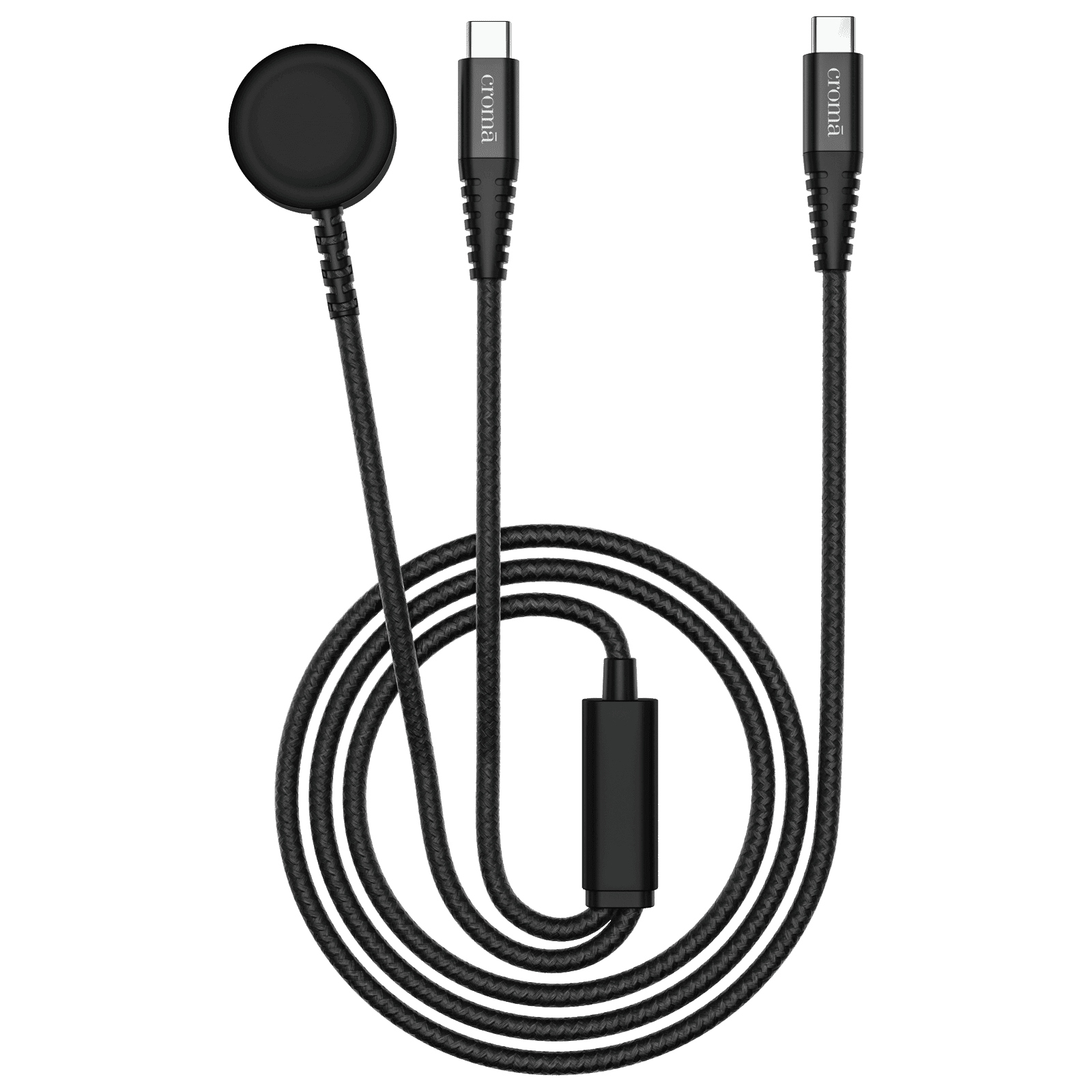 Croma Type C to Type C & Wireless Charging Pad 3.9 Feet (1.2M) 2-in-1 Cable (For Apple Watch, Black)