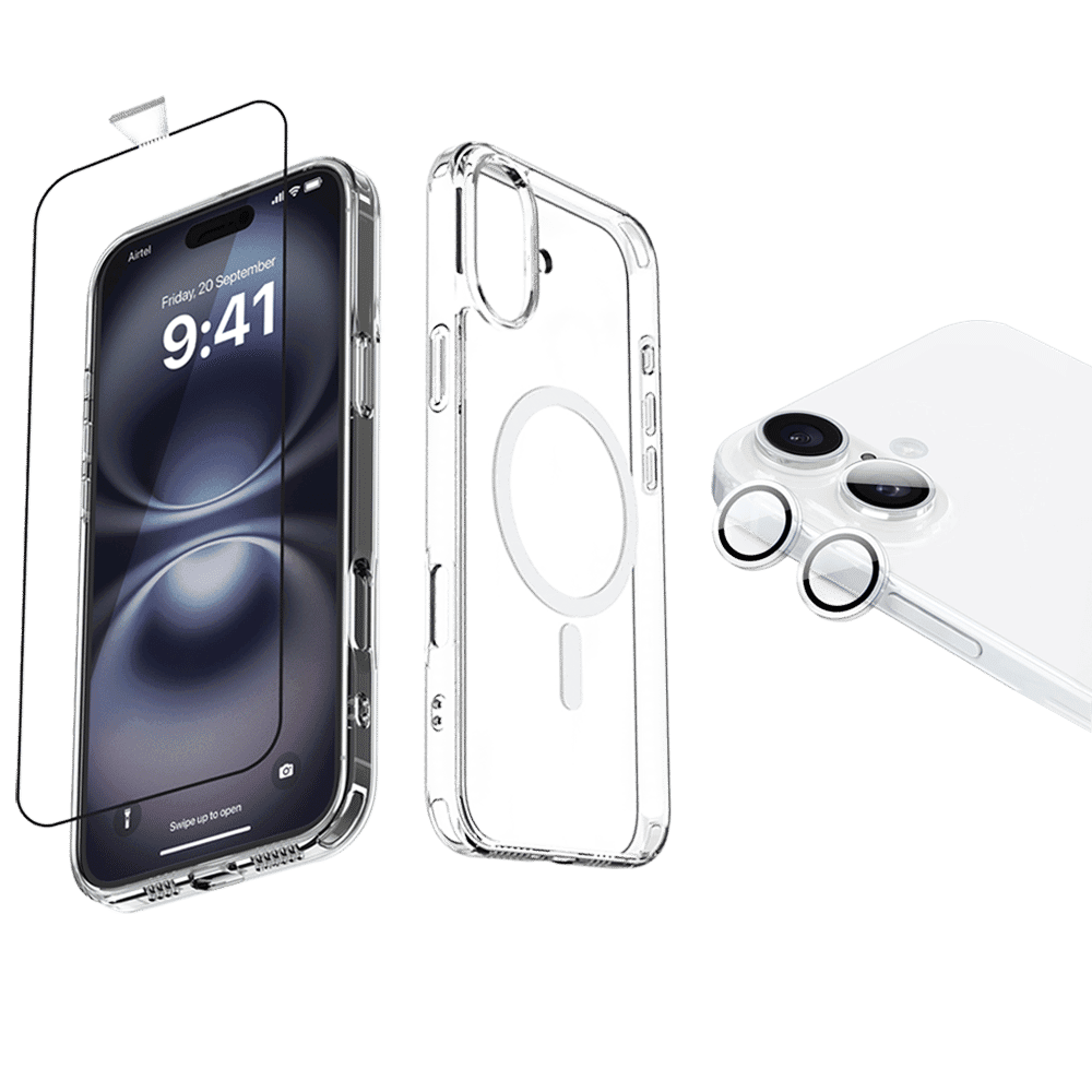 Dr. Vaku Tempered Glass, TPU Back Cover & Camera Lens Protector Combo for iPhone 16 (Supports Wireless Charging, Transparent)