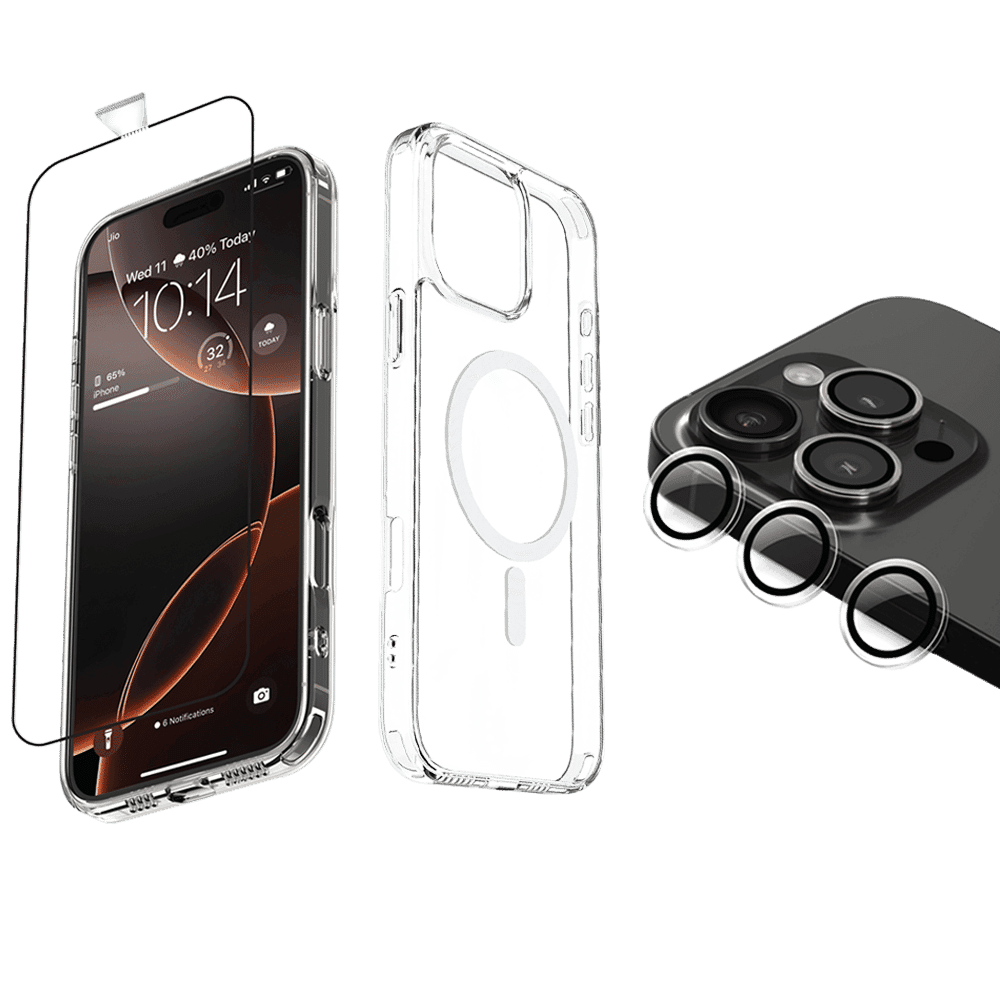 Dr. Vaku Tempered Glass, TPU Back Cover & Camera Lens Protector Combo for Apple iPhone 16 Pro (Supports Wireless Charging, Transparent)