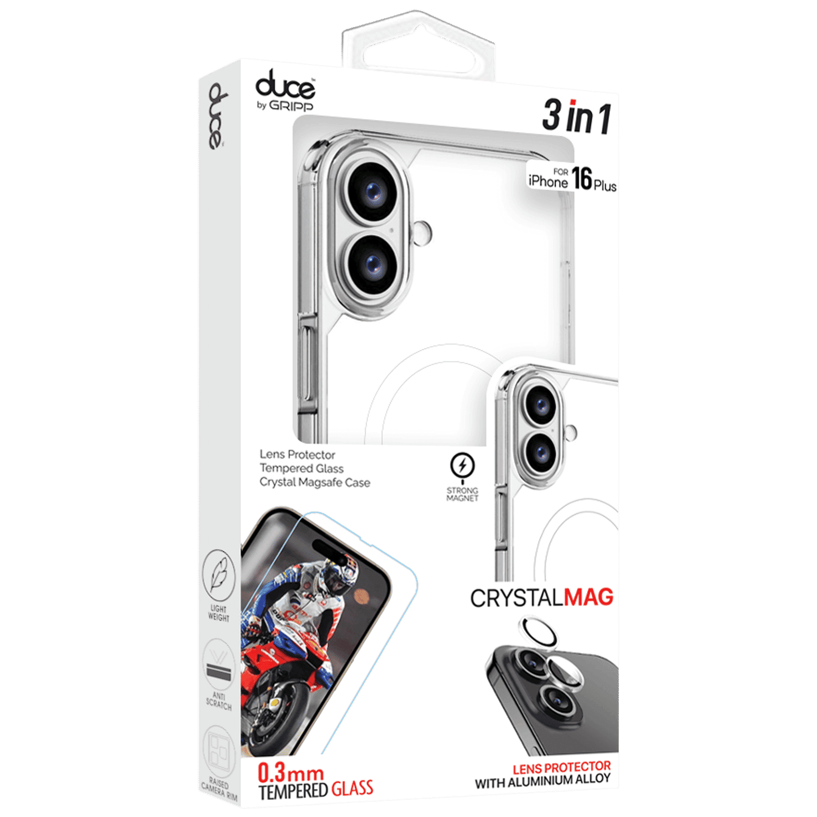 GRIPP Duce TPU Plus PC MagSafe Case, Tempered Glass and Camera Lens Protector Combo for Apple iPhone 16 Plus (Supports Wireless Charging, Clear)