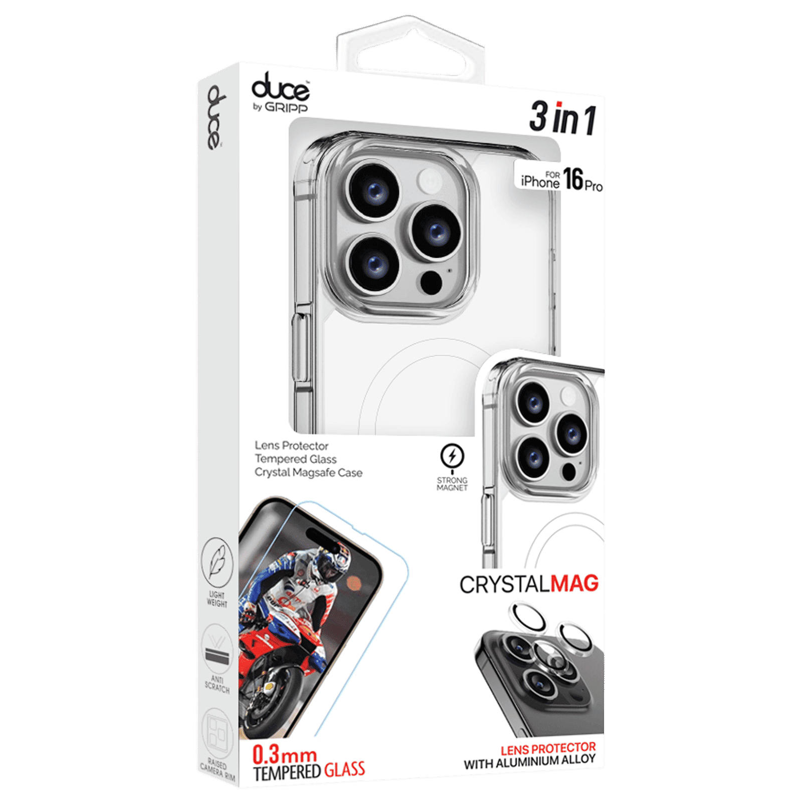 GRIPP Duce TPU Plus PC MagSafe Case, Tempered Glass and Camera Lens Protector Combo for Apple iPhone 16 Pro (Supports Wireless Charging, Clear)