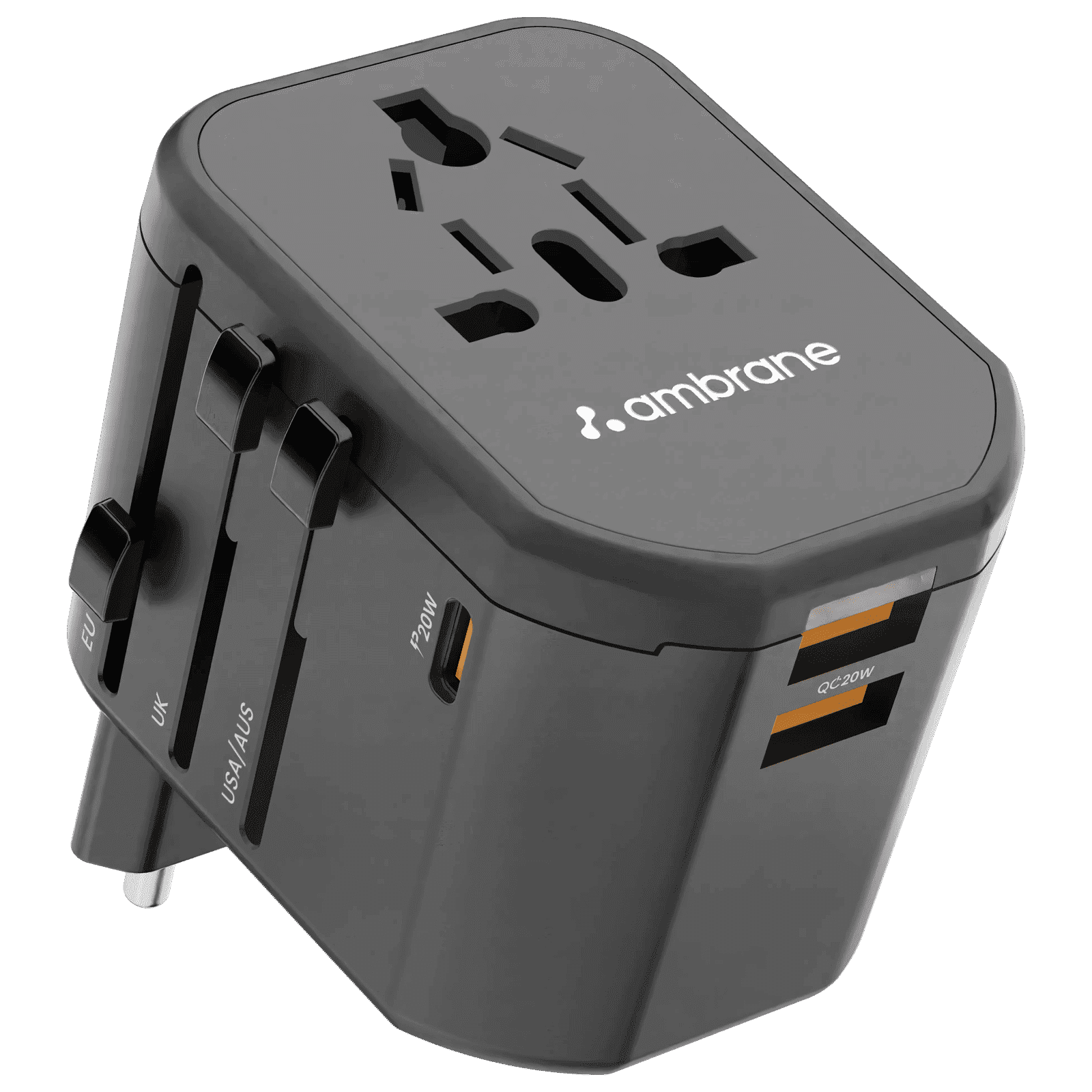 ambrane ATA-01 3 Plugs Travel Adapter (Universal Compatibility, Black)