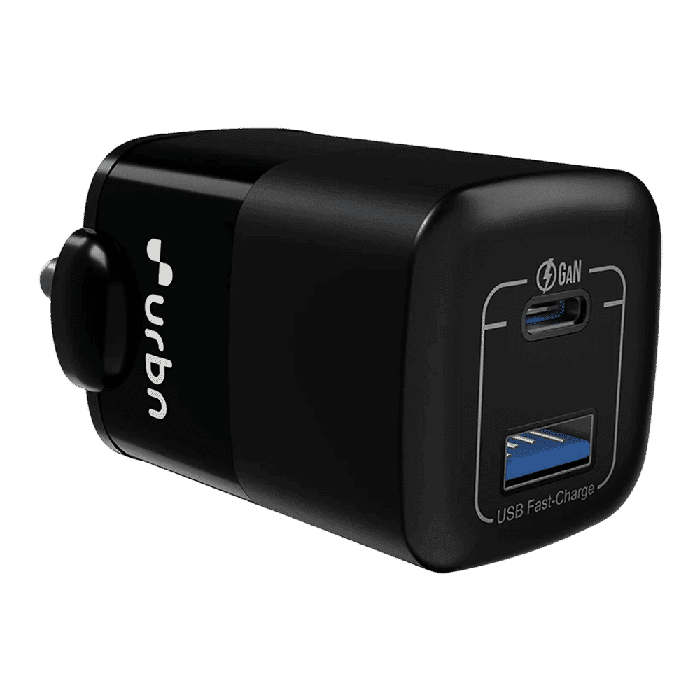 urbn Nano Bolt 65W Type A & Type C 2-Port Fast Charger (Adapter Only, GaN Pro Technology, Black)