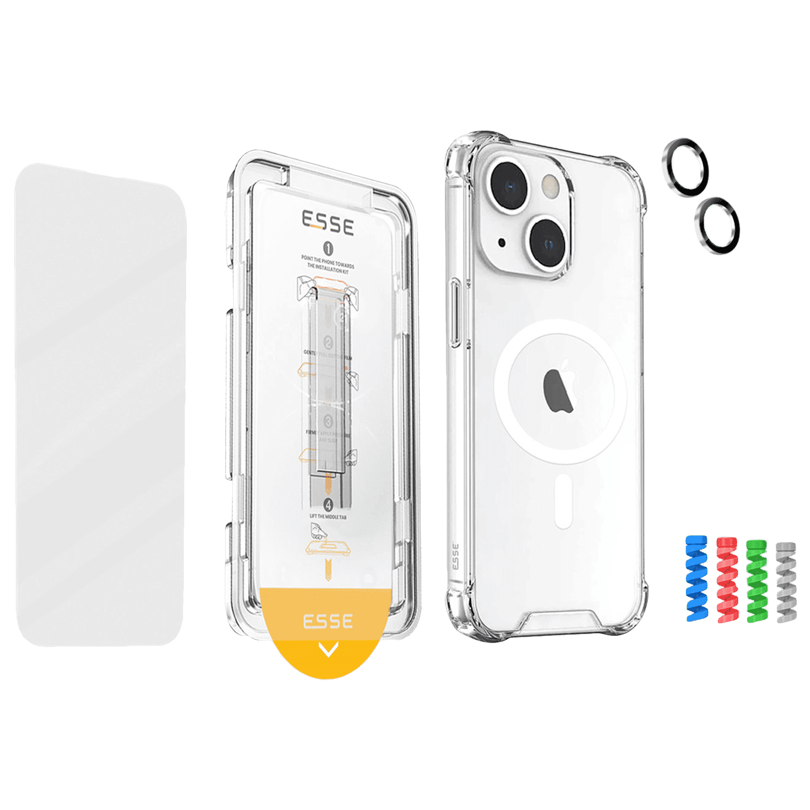 ESSE Armor360 Tufskin MagSafe Case, Tempered Glass, Cam and Cable Protector 4in1 Combo for iPhone 15 (Anti Glare Glass, Transparent)