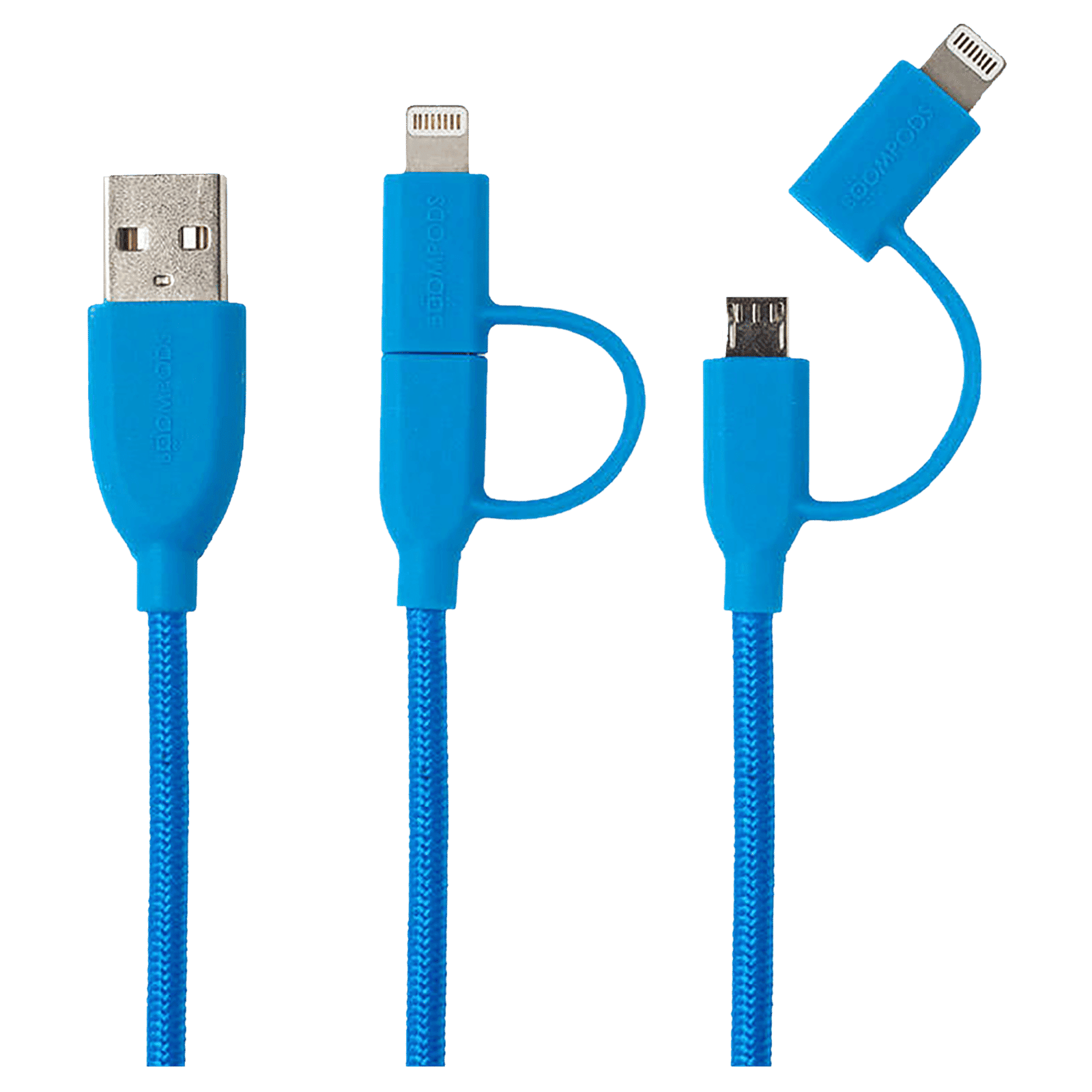 Boompods Duo Type A to Lightning, Micro USB 3.3 Feet (1M) 2-in-1 Cable (Tangle-free Design, Blue)