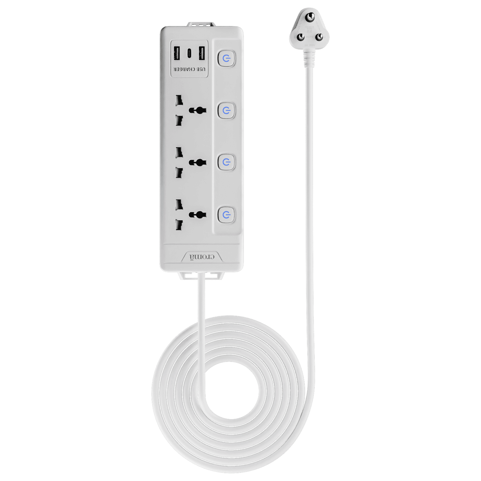 Croma 6 Amps 3 Sockets Surge Protector with Individual Switch (2 Meters, Child Safety Shutters, CRSP3WYSPA266201, White)
