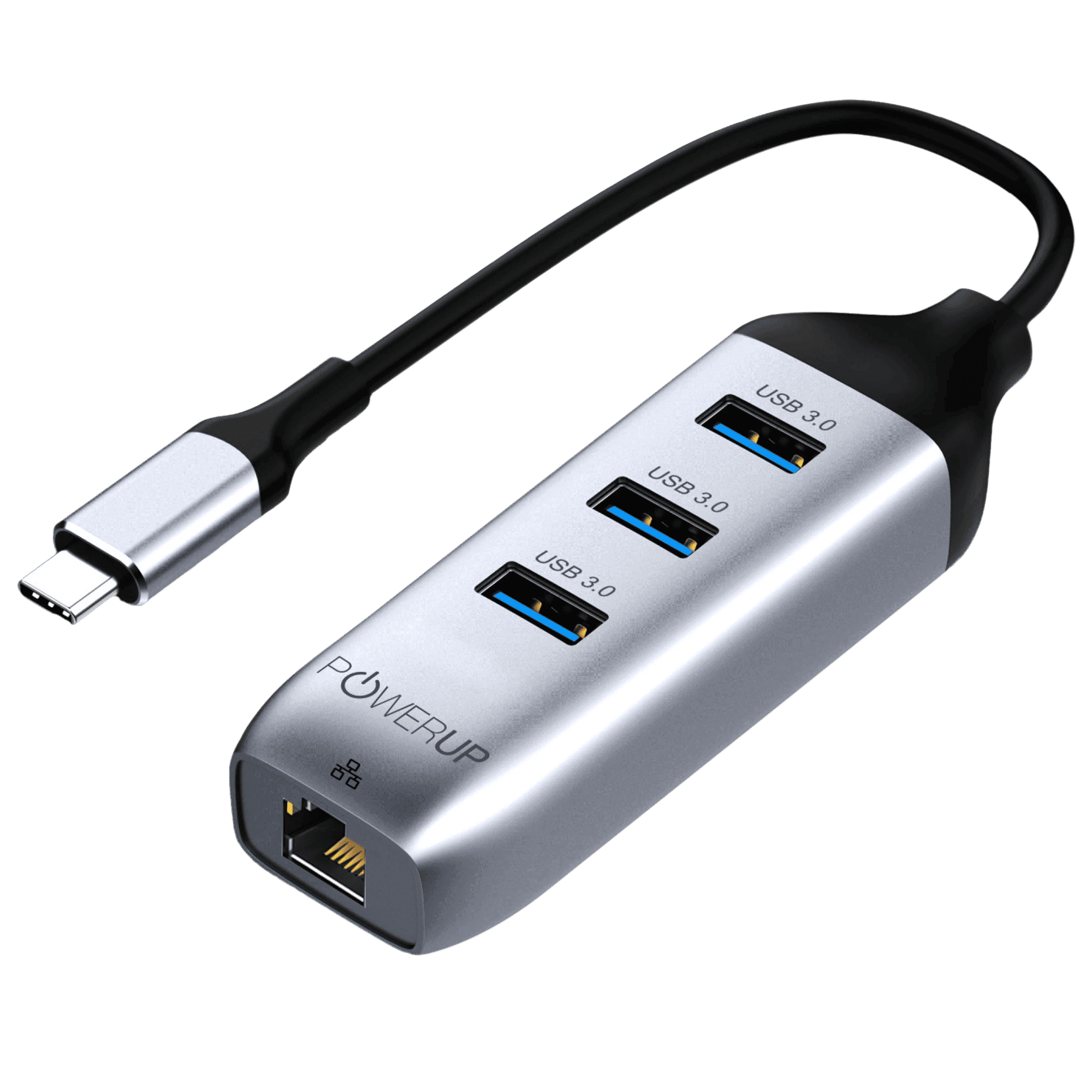 POWERUP Mini Splitter 4-in-1 USB 3.0 Type C to USB 3.0 Type A, LAN Port Multi-Port Hub (1000 Mbps Data Transfer Speed, Gun Metal)