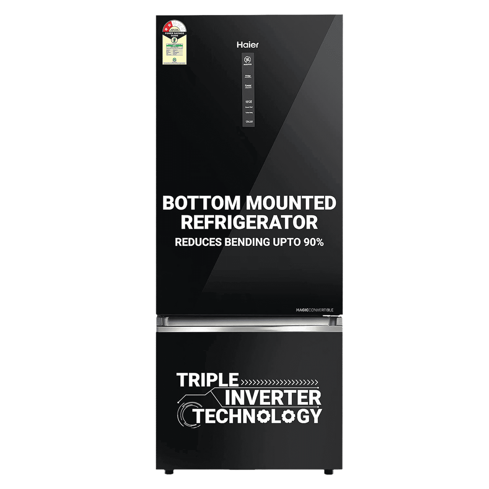 Haier 445 Litres 2 Star Frost Free Double Door Bottom Mount Convertible Refrigerator with Triple Inverter Technology (HRB-4952CKG-P, Black Glass)