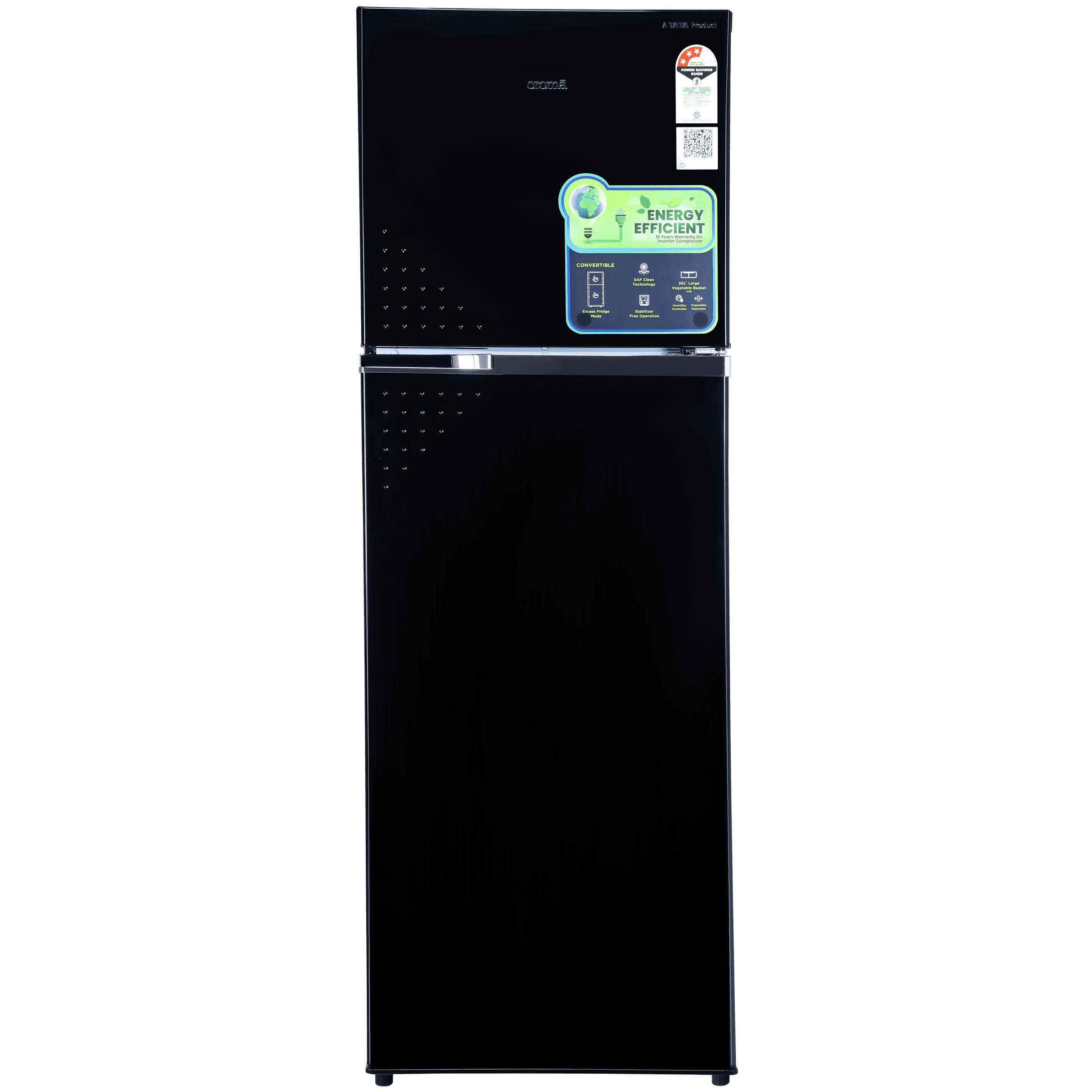 Croma 303 Litres 3 Star Frost Free Double Door Convertible Refrigerator with Inverter Technology ( Black Uniglass)