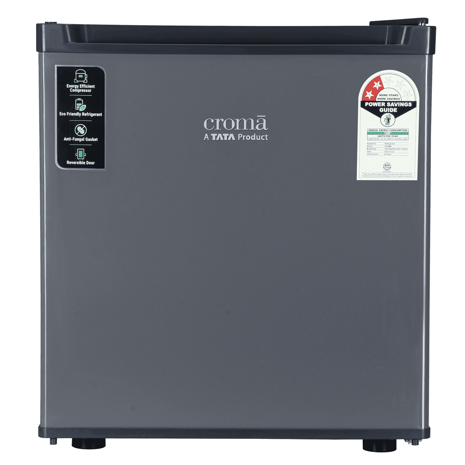 Croma 45 Litres 2 Star Direct Cool Single Door Refrigerator with Anti-Fungal Door Gasket (2025 Model, CRLR045DCC290113, Metallic Grey)