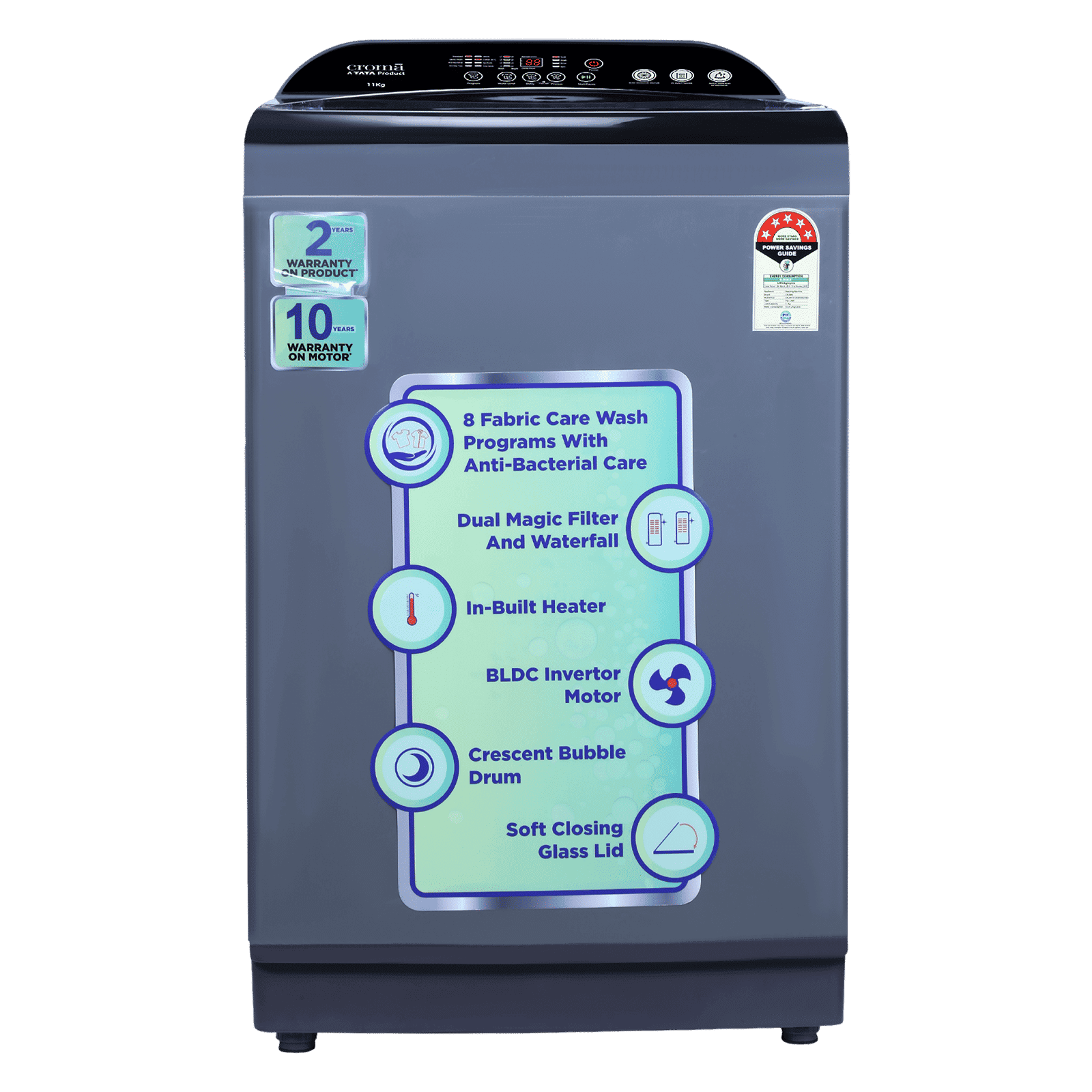 Croma 11 kg 5 Star Inverter Fully Automatic Top Load Washing Machine ( In-built Heater, Mid Black)