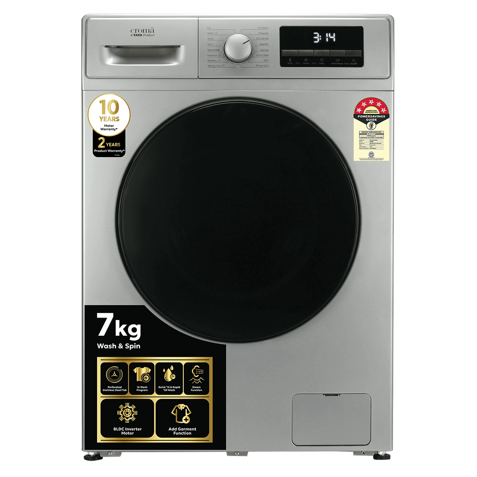 Croma 7 kg 5 Star Fully Automatic Front Load Washing Machine (CRLW070FLF316251, Silver Grey)