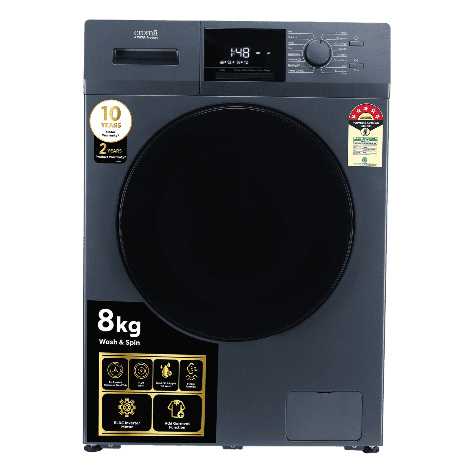 Croma 8 kg 5 Star Inverter Fully Automatic Front Load Washing Machine (CRLW080FLF316252, BLDC Invertor Motor, Polar Blue)