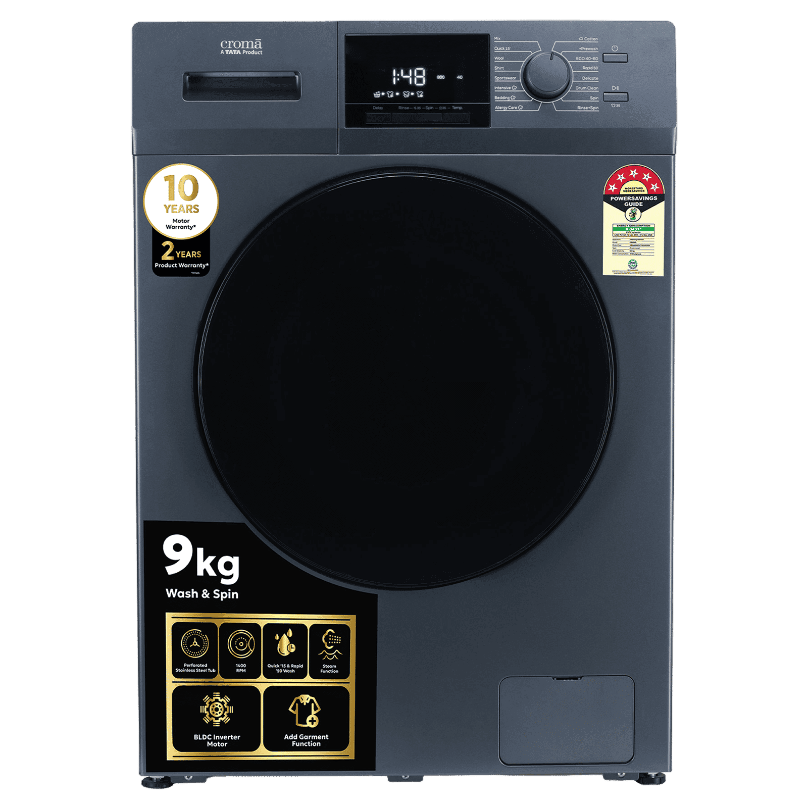 Croma 9 kg 5 Star Inverter Fully Automatic Front Load Washing Machine (CRLW090FLF316253, BLDC Invertor Motor, Polar Blue)