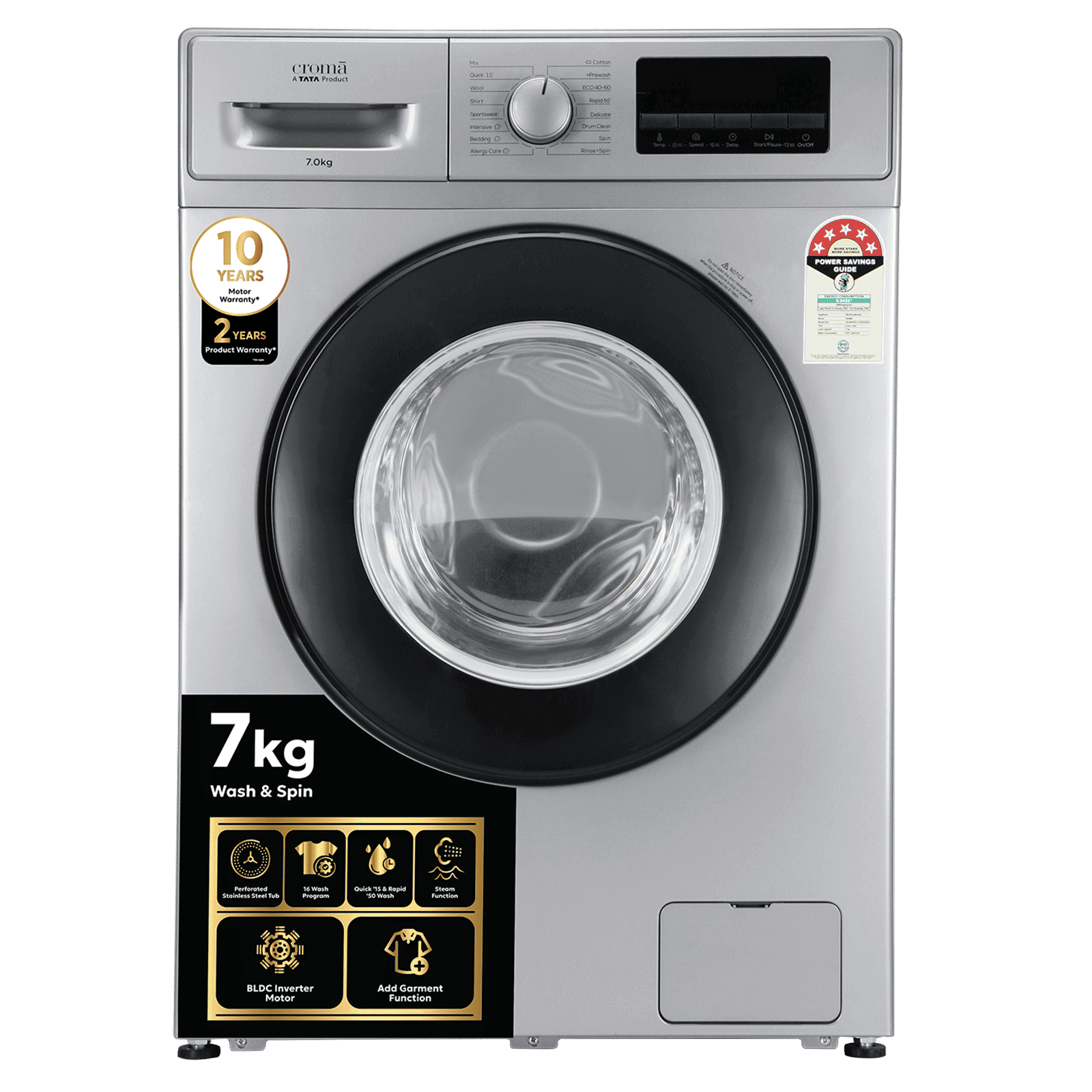 Croma 7 kg 5 Star Inverter Fully Automatic Front Load Washing Machine (2025 Model, Built in heater, Silver Grey)