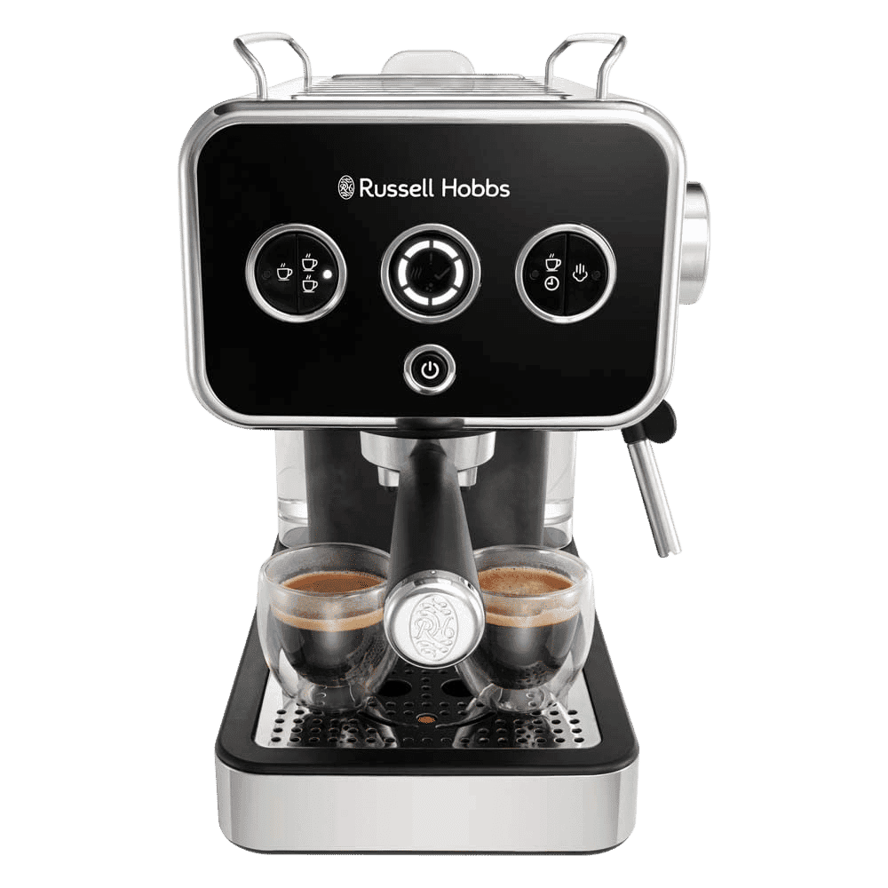 Russell Hobbs Distinctions 1350 Watt 2 Cups Semi Automatic Espresso Coffee Maker with Milk Frother Steam Wand (Black)