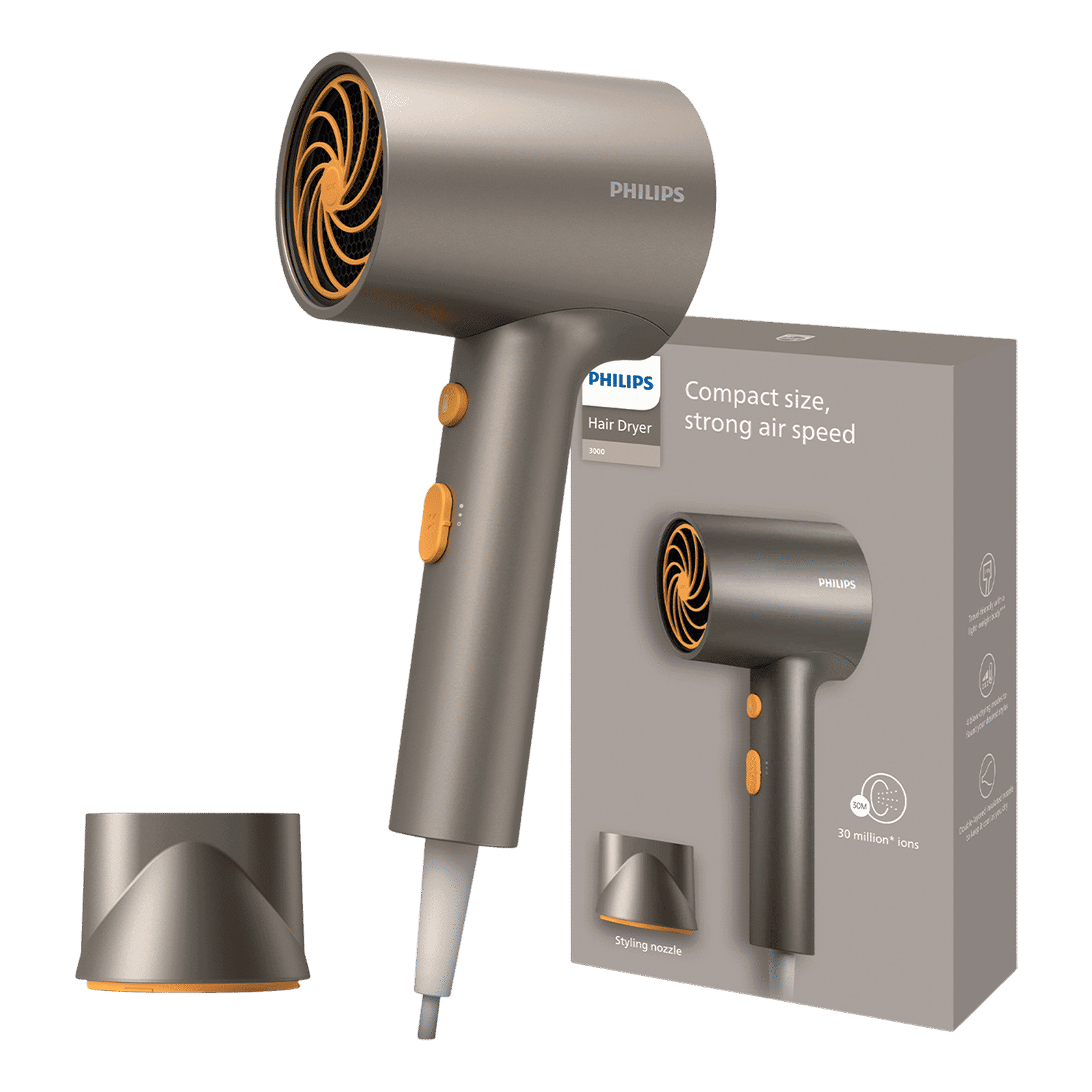 PHILIPS BHD 3000 Series Hair Dryer with 2 Heat Settings (Ionic Technology, Metalic)