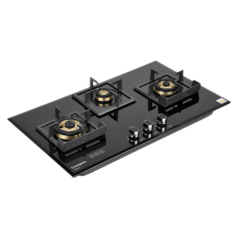 Crompton Optime Toughened Glass Top 3 Burner Automatic Hob (3D Flame Technology, Midnight Black)