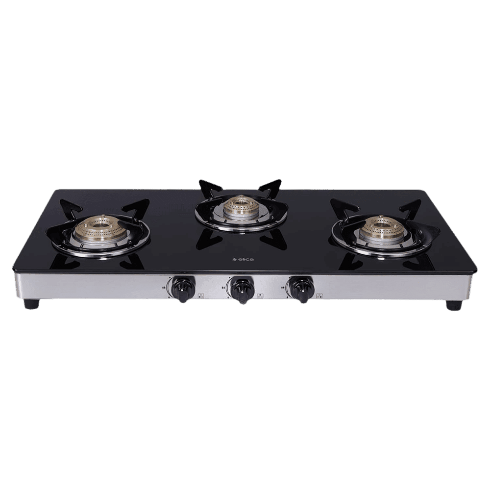 elica 773 CT DT VETRO Toughened Glass Top 3 Burner Manual Gas Stove (Round Euro Coated Grid, Black)