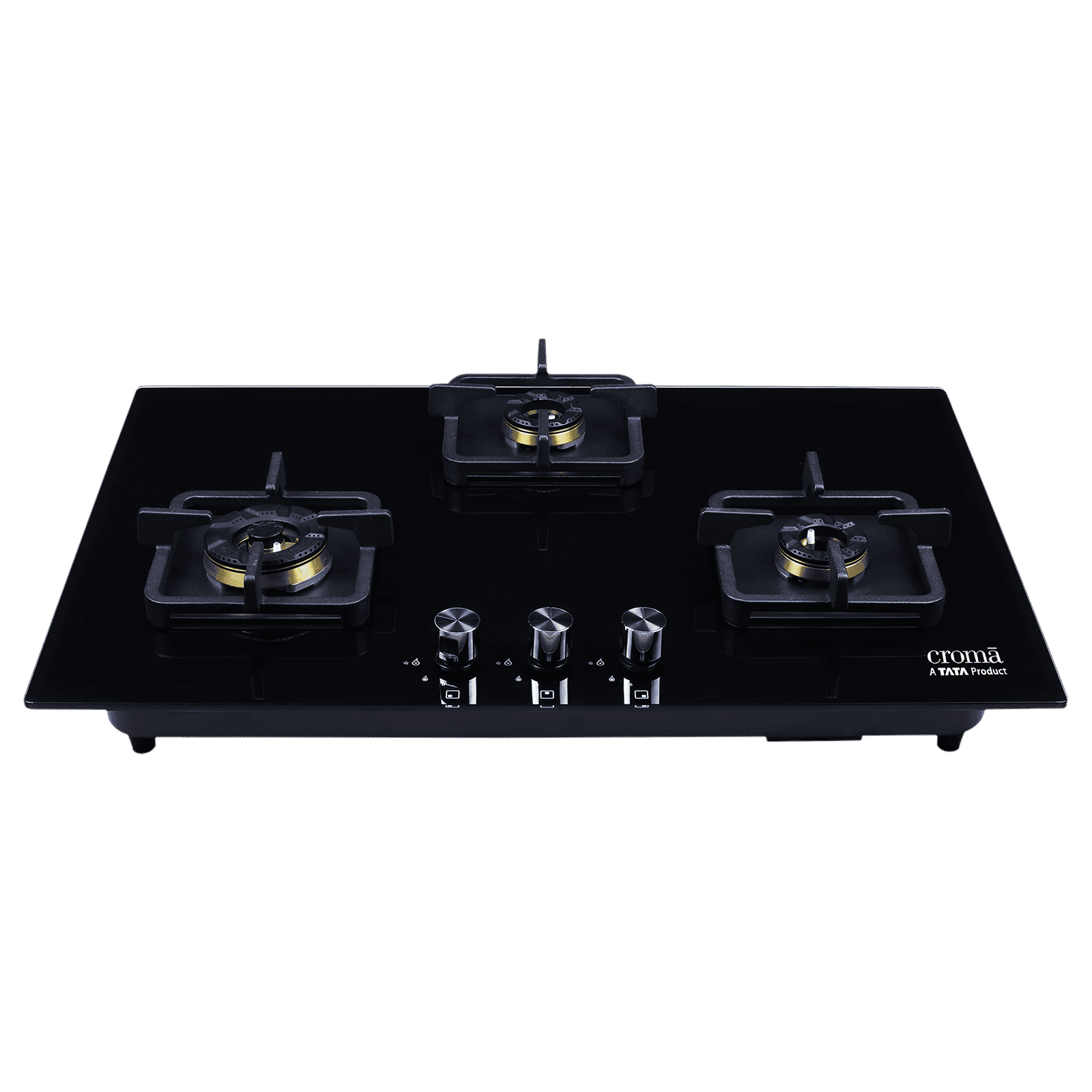 Croma Toughened Glass Top 3 Burner Automatic Hob (Cast Iron Pan Supports, Black)