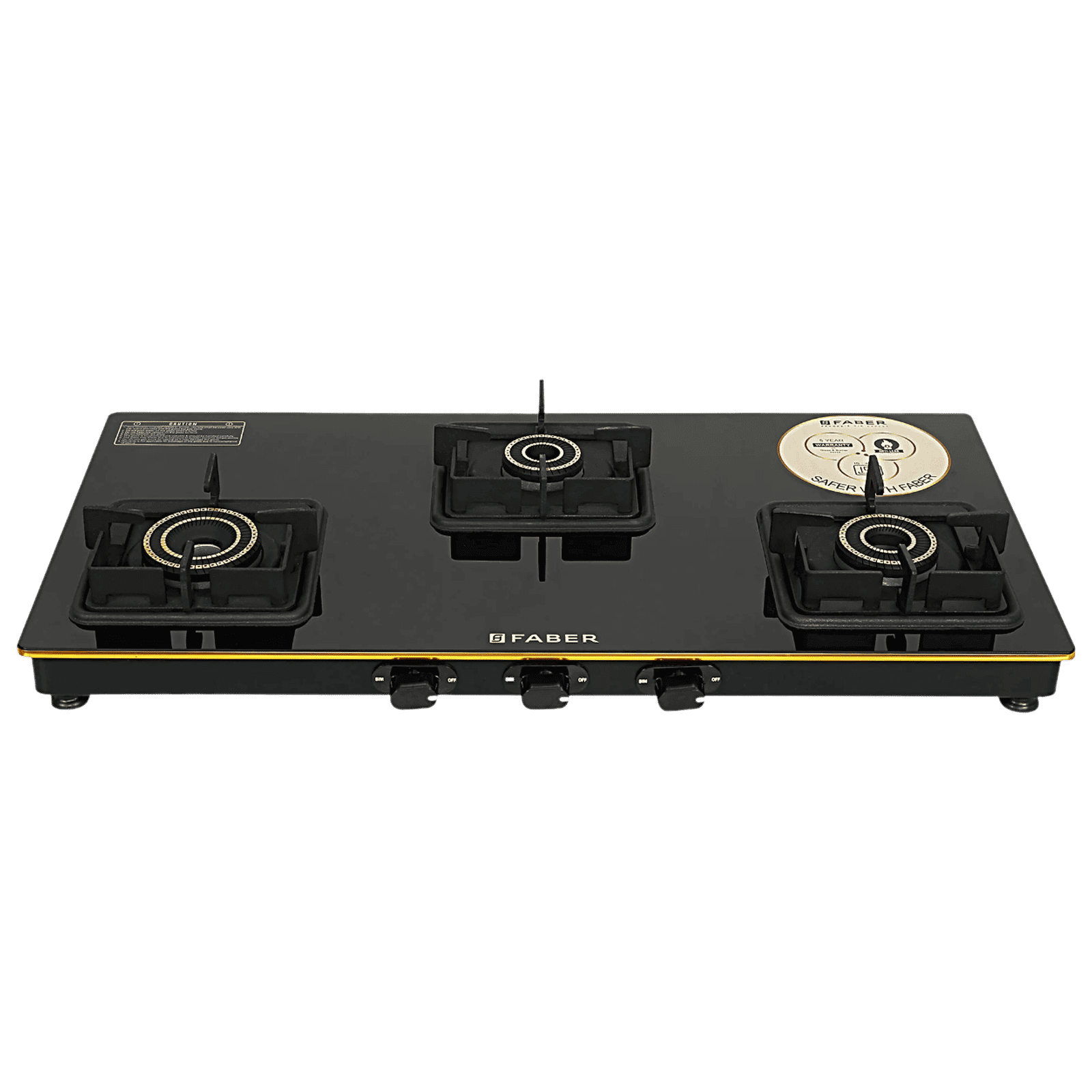 FABER PRINCE PLUS 3BB BK Toughened Glass Top 3 Burner Manual Hob (Full Brass Burners, Black)